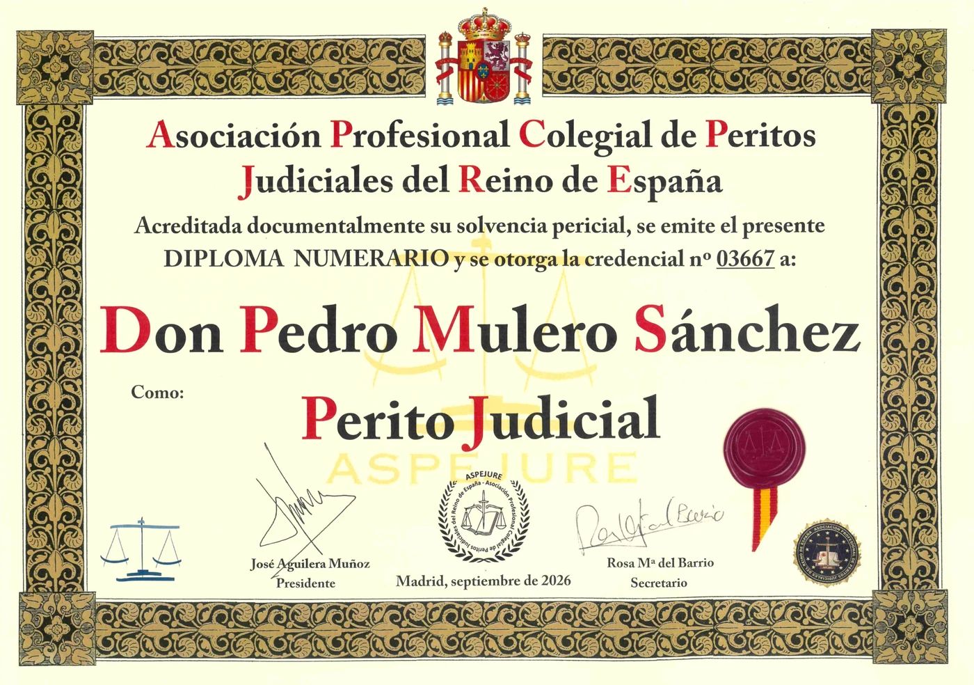 Diploma numerario de ASPEJURE: credencial de perito judicial nº 03667 a nombre de Pedro Mulero Sánchez, Madrid, septiembre de 2026
