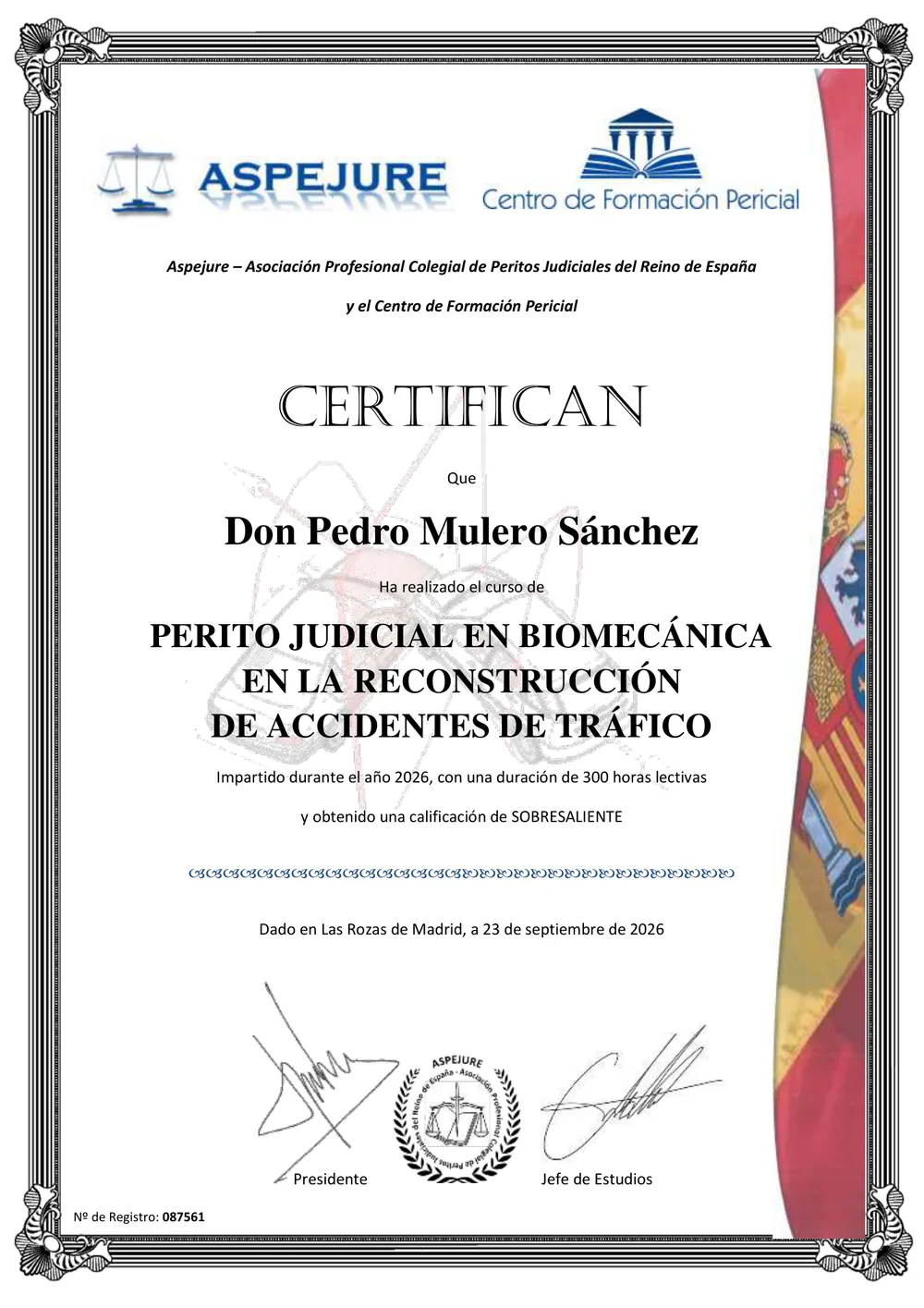 Diploma de ASPEJURE de Pedro Mulero Sánchez — Perito Judicial en Biomecánica en la Reconstrucción de Accidentes de Tráfico, 300 horas, sobresaliente