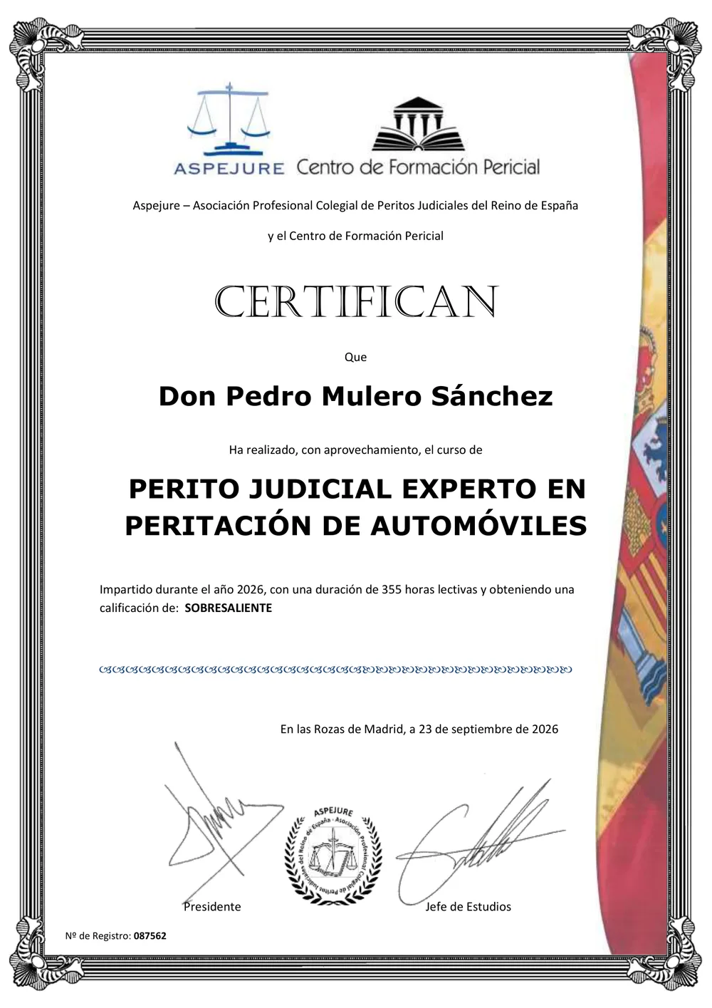 ASPEJURE diploma of Pedro Mulero Sánchez — Court Expert in Motor Vehicle Damage Assessment, 355 hours, distinction