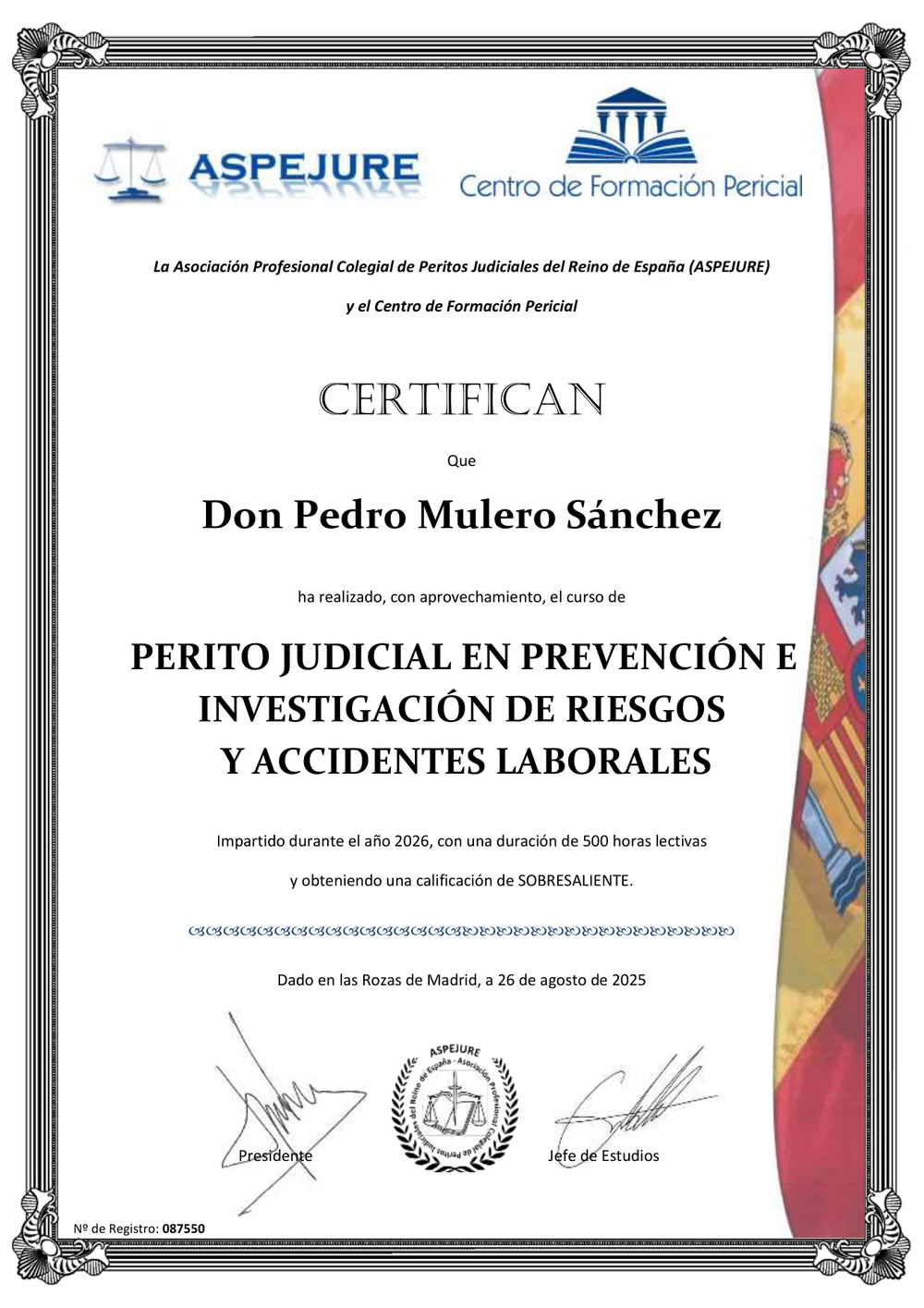 Diploma de ASPEJURE de Pedro Mulero Sánchez — Perito Judicial Experto en Prevención e Investigación de Riesgos y Accidentes Laborales, 300 horas, sobresaliente