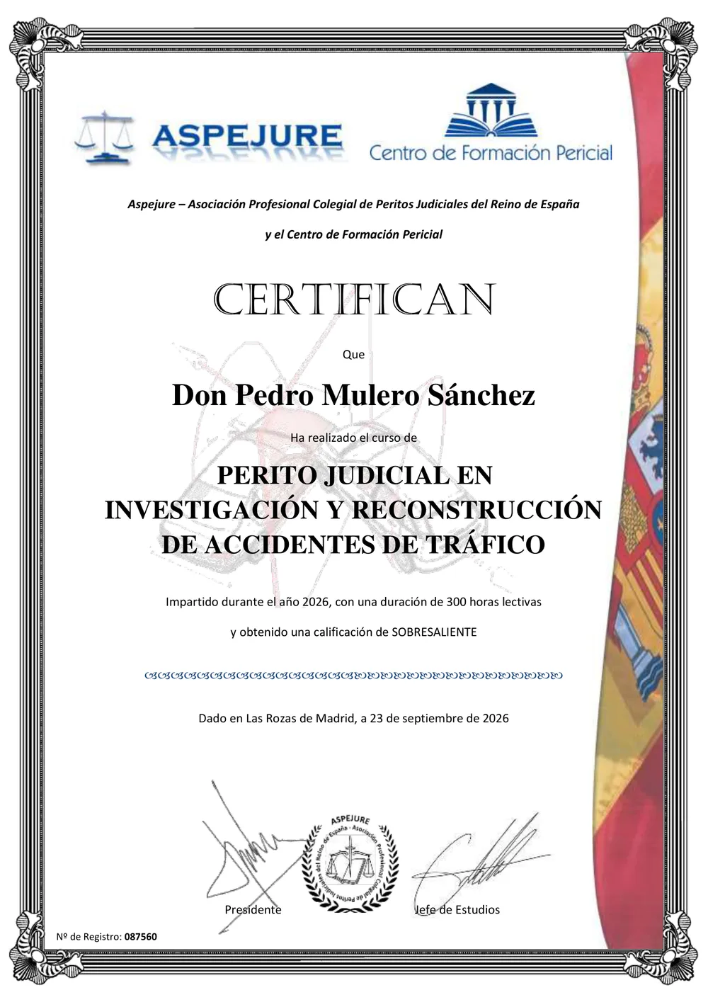 Diploma de ASPEJURE de Pedro Mulero Sánchez — Perito Judicial en Investigación y Reconstrucción de Accidentes de Tráfico, 300 horas, sobresaliente