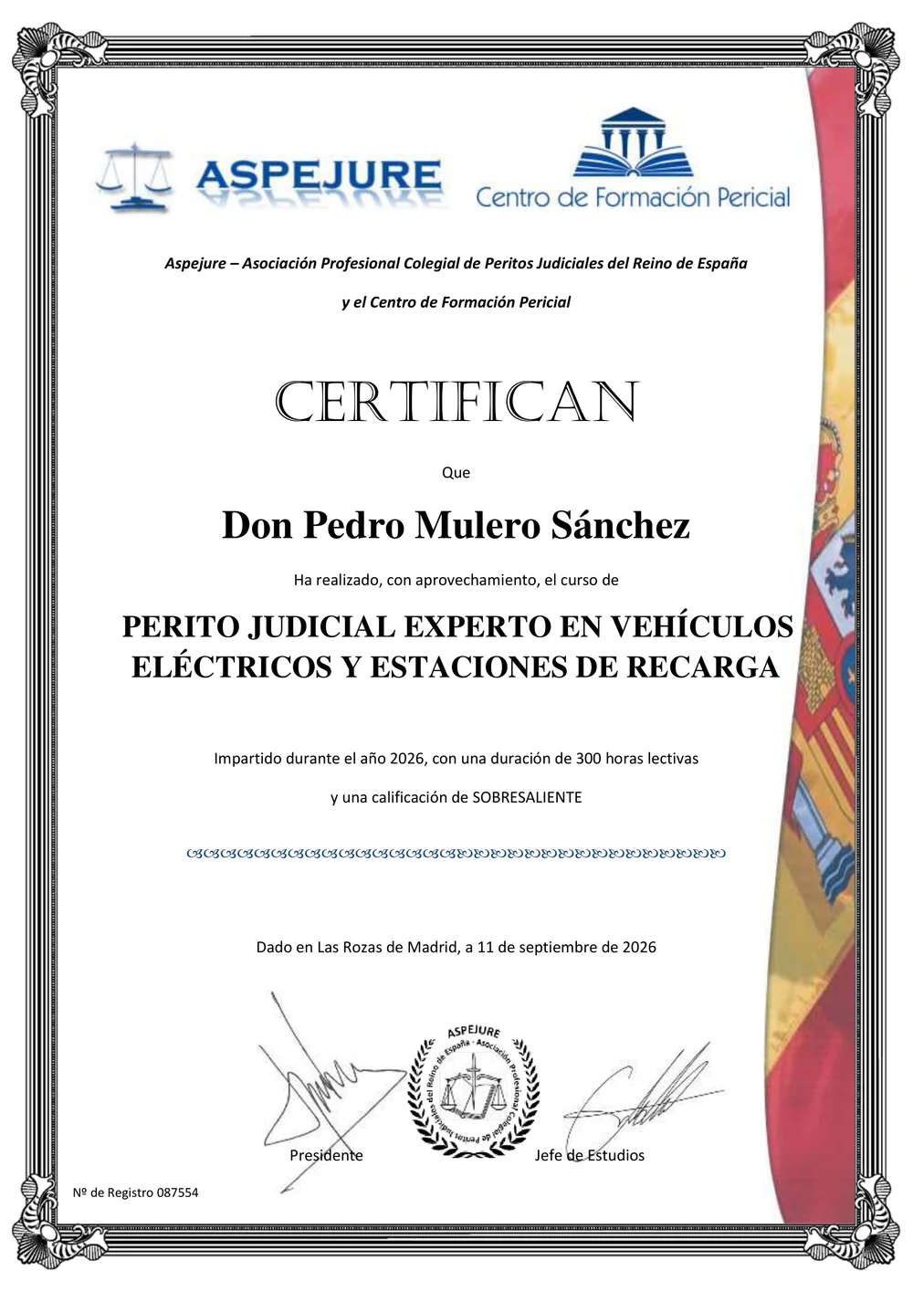 Diploma d'ASPEJURE de Pedro Mulero Sánchez — Pèrit Judicial Expert en Vehicles Elèctrics i Estacions de Recàrrega, 300 hores, excel·lent