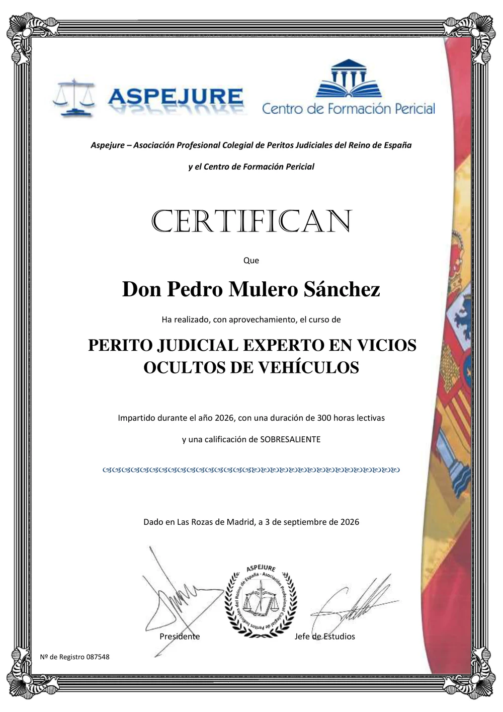 Diploma de ASPEJURE de Pedro Mulero Sánchez — Perito Judicial Experto en Vicios Ocultos de Vehículos, 300 horas, sobresaliente